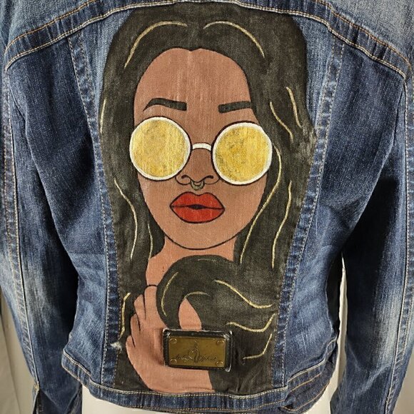 Baby Phat Womens Dark Blue Wash Distressed Customized Cotton Denim Jacket Size L - Picture 4 of 11